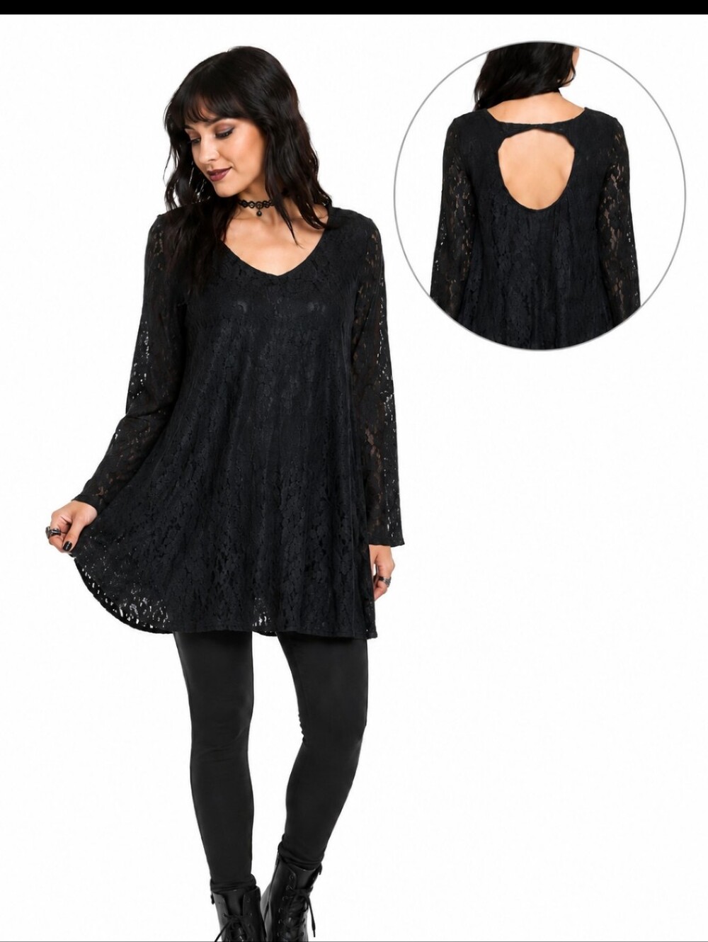 Catch me black stretch comfy lace witchy baby doll dress/ tunic open back sz L